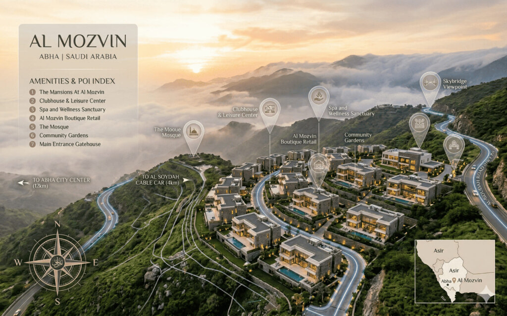 Al Mozvin Abha residential area with mountain views and road access