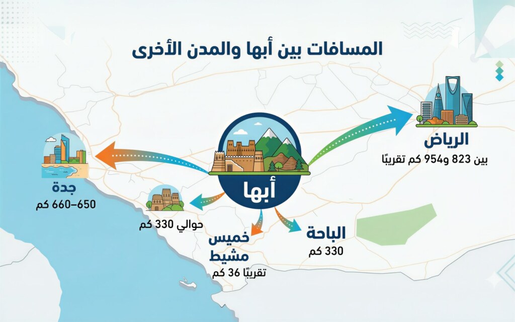 المسافة بين مدينة ابها والمدن القريبة منها